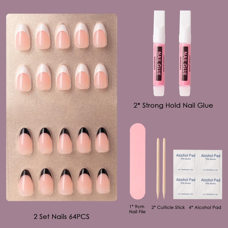 OCEAN PEARL Press On Nails 64pcs Black & White French