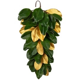 Christmas Gold Leaf Holiday Teardrop Swag – 27" Artificial Magnolia Greenery Hanging Decoration – Elegant Front Door & Fireplace Décor for Christmas Thanksgiving