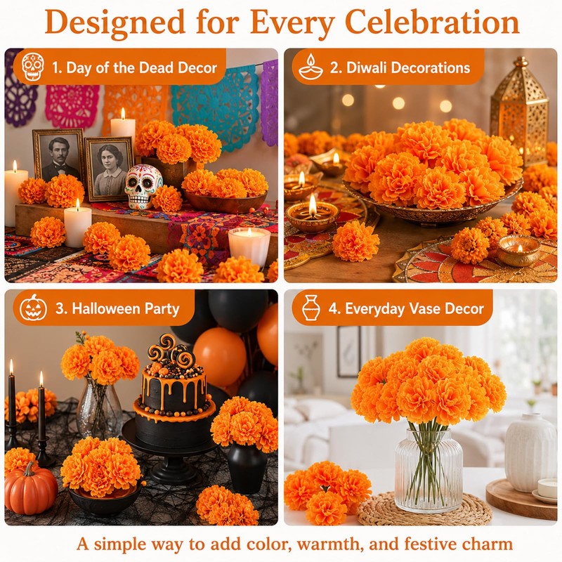 20PCS Orange Marigold Flowers with Stems -Wreath Day of The