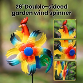 XMSW Handicrafts Wind Spinner 7.5 Inch Garden Set of 2 Wind Spinners Decor Iron Craft Animal Windmill for Outdoor Dynamic Whirligigs Wings Metal Garden Yard Stakes (Rooster & Bird)