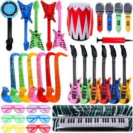 Enjamyo 30 Pcs Inflatable Rock Star Toy Set,80s 90s Party Decorations Inflatable Guitar Microphone Saxophone Piano Drum, for for Carnival Musical Concert Themed Birthday Party Supplies