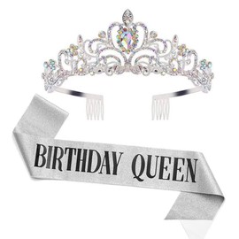 NALAWEKER Birthday Crown and Sash for Women Girls Crowns Queen Sash Princess Crystal Silver AB Rhinestone Tiara Headband Hair Accessories Party Decorations