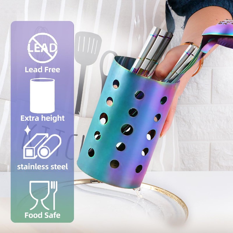 QRU Kitchen Utensil Holder for Countertop (H6.7” x W4.1”), Stainless