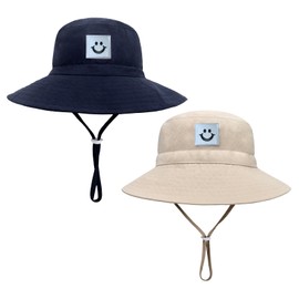 Baby Sun Hat Smiling Face UPF 50+ Beach Toddler Bucket Hat for Baby Boys and Girls, Toddler Kids Wide Brim Sun Hats Cap (US, Age, 2 Years, 6 Years, Navy+Beige)