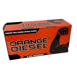 The Orange Diesel, Orange Nitrile Disposable Gloves, Powder Free, 6 Mil, Diamond Textured, Beaded Cuff, Sizes M-XXL, Sold by Box (Medium)