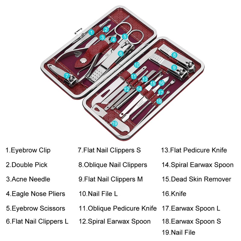 19pcs Manicure Pedicure Nail Clippers Set Stainless Steel Acne Removal