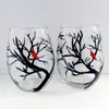 Snowy Branches Red Cardinal Stemless Wine Glasses Set of 2