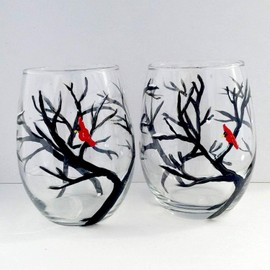 Snowy Branches Red Cardinal Stemless Wine Glasses Set of 2