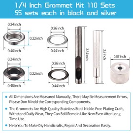 Grommet Tool Kit, 1/4 Inch Grommets Eyelets Sets, 110 Set Eyelets Kit with 3 Pcs Installation Tools and 1 Pcs Storage Box, Stainless Steel Grommets for Fabric, Tarps, Clothing (Black and Silver)