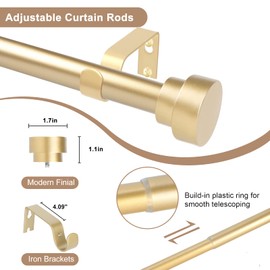 Gold Curtain Rods for Windows 28 to 48 Inch(2.3-4ft),1 Inch Diameter Heavy Duty Curtain Rods,Adjustable Curtain Rod,Modern Decorative Drapery Rods,Telescoping Window Curtains Rod 18-45",Brass Gold