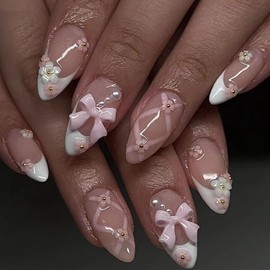 JUSTOTRY Pack of 24 White Glue-On Nails, Short, Pink Almond Press On Nails with Flowers and Bow Pattern, Glossy Oval Artificial Nails, Fake Nails, Medium, French Fingernails, Artificial Nails for