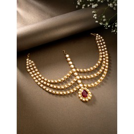Aheli Indian Traditional Bollywood Faux Pearls Maang Tikka Matha Patti for Women Jewelry Maroon