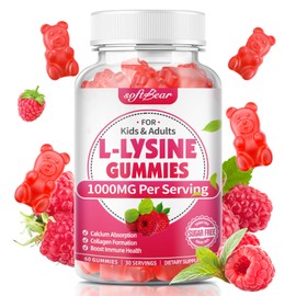 softbear L-Lysine Gummies for Adults & Kids, L Lysine 1000mg Chewable Lysine Supplement for Lips & Oral Health, Immune & Collagen Support, Vegan, Non GMO, Gluten-Free, Raspberry Flavor 60 Count