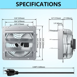 FICBXRA 10 Inch Shutter Exhaust Fan, Aluminum Wall Mounted Exhaust Fan, 844 CFM High Speed Automatic Shutter Attic Fan, Vent Fan For Greenhouse,Shed,Shop,Garage,ETL Listed