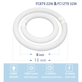 Circular Light Bulbs Set FC12T9-DL and FC8T9-DL Daylight Fluorescent Lamp,Circline 6500K 12inch T9 32Watts and 8inch 22Watts Replacement for Ceiling Light,12,000hrs Long Lifespans