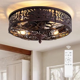 MOOONICHE 20" Ceiling Fan with Light and Remote, Farmhouse Bladeless Flush Mount Caged Ceiling Fan, 6 Speed Reversible Vintage Rustic Enclosed Low Profile Fandelier for Bedroom, Living Room