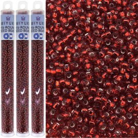 Set of 3 Tubes - Seed Beads Miyuki Round Size 11/0, 24 Grams Each (Total of 72 Grams), Silver Lined Ruby Red, Color Number 11