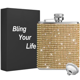WINCHERRIA Flasks for liquor for women- Diamond Hip Flasks, Glitter Stainless Steel Leakproof Hip Flasks with Funnel,Bling Rhinestone Hip Flask for Liquor,Cute liquor flasks for women (Golden, 8oz)