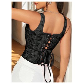 GORGLITTER Women's Floral Corset Embroidered Lace Up Square Neck Crop Tank Top Black Large