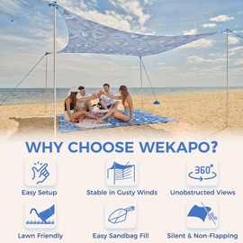 WEKAPO Beach Tent Sun Shelter - Easy Setup Beach Canopy with 4 Sturdy Poles, Large Sandbags and Shovel, 7'8'' Tall, Windproof Sun Shade for Backyard and Camping, UPF 50+ Protection
