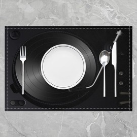 Disc Table Place Mats, 45x30cm Placemats Set of 4 Soft Retro Record Blue Grey Placemat for Kitchen Dining Table Indoor Outdoor Musical Instruments Decorative
