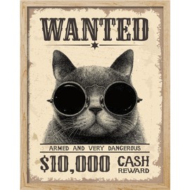 SIGNWIN Adhesive Canvas Poster Wanted Cat Wearing Sunglasses, Retro Style Gangster Kitty, Creative, Cute, Funny, Interesting, Bar Sign Urban, Farmhouse for Living Room, Bedroom, Office - 8"x10"