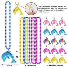 CiciBear 15 Pack Dolphin Sequin Necklace Party Favors with Mardi Gras Beads for Sea World Themed Party Favors, Home Decorations, Festivals,Wedding, Birthday Celebrations, 5 Colors