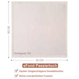 eFond Straining Cloth, Pack of 6, 50 x 50 cm, Cheesecloth, Fine Woven Density 100, Unbleached Pure Cotton Muslin Cloth with Clean Folded Hem, Cheesecloth, Washable and Reusable