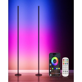YIKBIK 2PCS RGB+W Corner Floor Lamp, 65" Color Changing 24V LED Floor Lamp with Cool White Bluetooth APP Remote Control Music Sync Modern Stand Lamp 16 Million DIY Colors for Living Room Bedroom