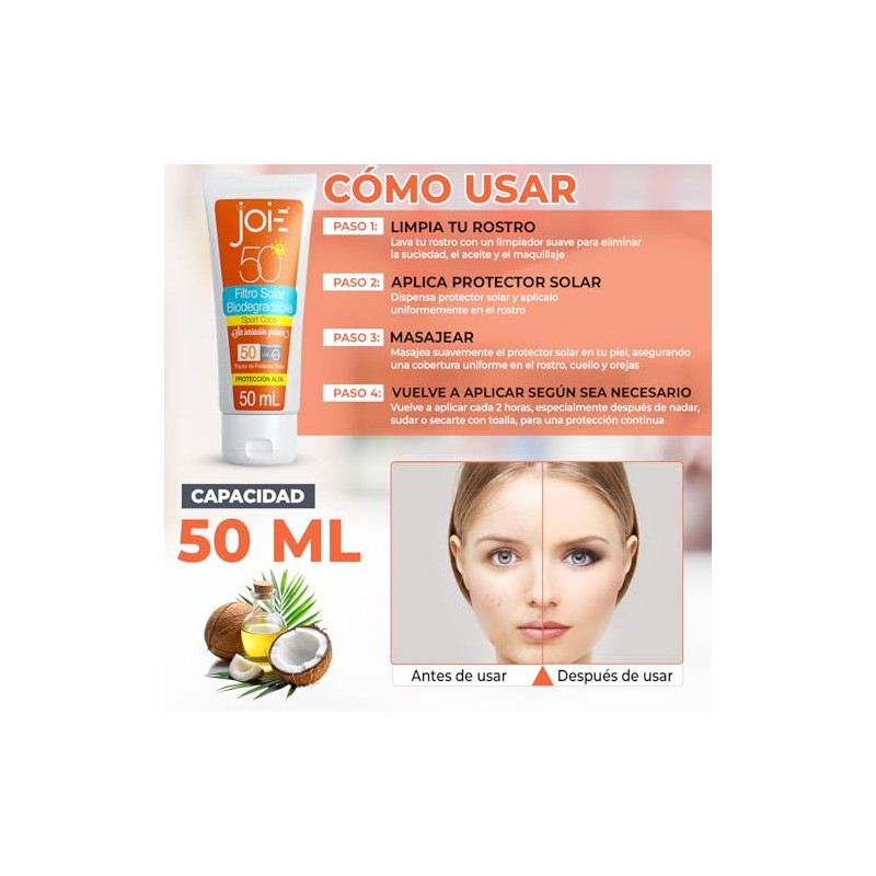 Be Joie50 Bloqueador Solar Facial SPF50 Protección UVA UVB