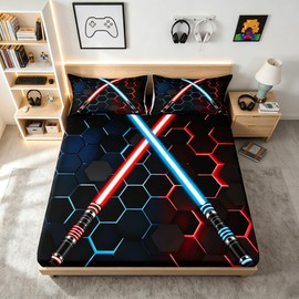 Neon Red Blue Light Up Sword Bed Sheets King Size Geometric Honeycomb Bedding Set 4Pcs for Kids Girls Boys Teens Room Decor Fashion Games Sheet Set Black 3D Hexagon Fitted + Flat Sheet,2 Pillowcases