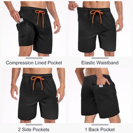 BLATIAL Mens Swim Trunks with Compression Liner 2 in 1 Quick Dry 7" Swimming Shorts Swimwear Bathing Suits with Pockets, Dark Night Black, L