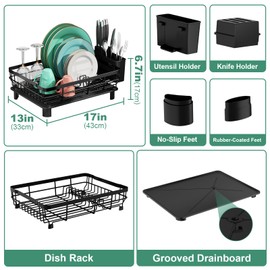 MOUKABAL Dish Drying Rack, Dish Rack, Stainless Steel Dish Racks for Kitchen Counter, Dish Drainer with Removable Utensil Holder, Drainboard (Black)