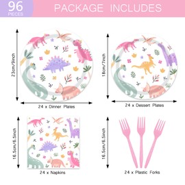 96 Pcs Pastel Dinosaur Birthday Party Decorations Girl Three Rex Two Rex Birthday Paper Plates Napkins Forks Disposable Dinnerware Set for 24 Guests Party Tableware