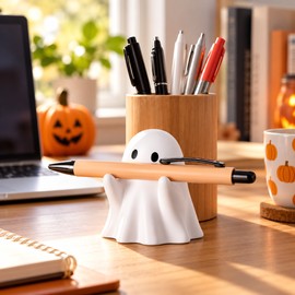 White Ghost Pen Holder for Desk – Cute Halloween Pencil Support & Decorative Ghost Statue for Home Office Workspace