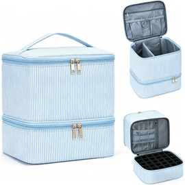 Cohawk Nail Polish Organizer Bag Nail Supplies Organizer Holds 30 Bottles Nail 2 Layers Detachable Nail Kit Storage Case (Blue Stripes)