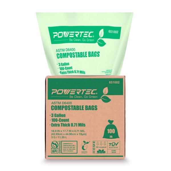 POWERTEC Bolsas compostables certificadas ASTM D6400 – 100 unidades | 11.35 litros – Bolsas de basura de 3 galones, 0.71 mil, BPI de EE. UU. y certificación europea OK Compost Home – Productos ecológicos sostenibles