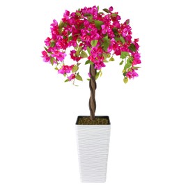 Goldshire Artificial Bougainvillea Tree 4FT, Fake Silk Floral Tree with White Planter, Decorative Topiary Plant, Potted Faux Flower Tree for Home Porch Decor Indoor Outdoor