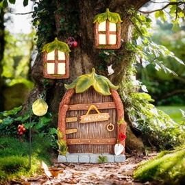 MplehDa Fairy Door Cabin Set of 4 Miniature Fairy Garden Outdoor Statues Window Door Fairy Gnomes Decor Garden Sculpture Statues Figurines Glow In The Dark House