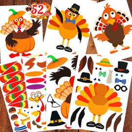 52pcs Thanksgiving Crafts for Kids, Make-A-Turkey Stickers Party Games/Favors/Supplies(Small Size)