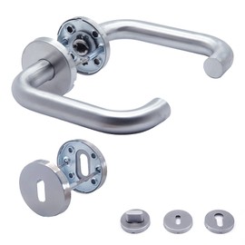APECS Door Handles Door Handle Set Room Doors Inox Door Handle for Front Door and Interior Doors Door Fitting Round Rosette Set Stainless Steel Matt U-Model H-0203+BB Silver