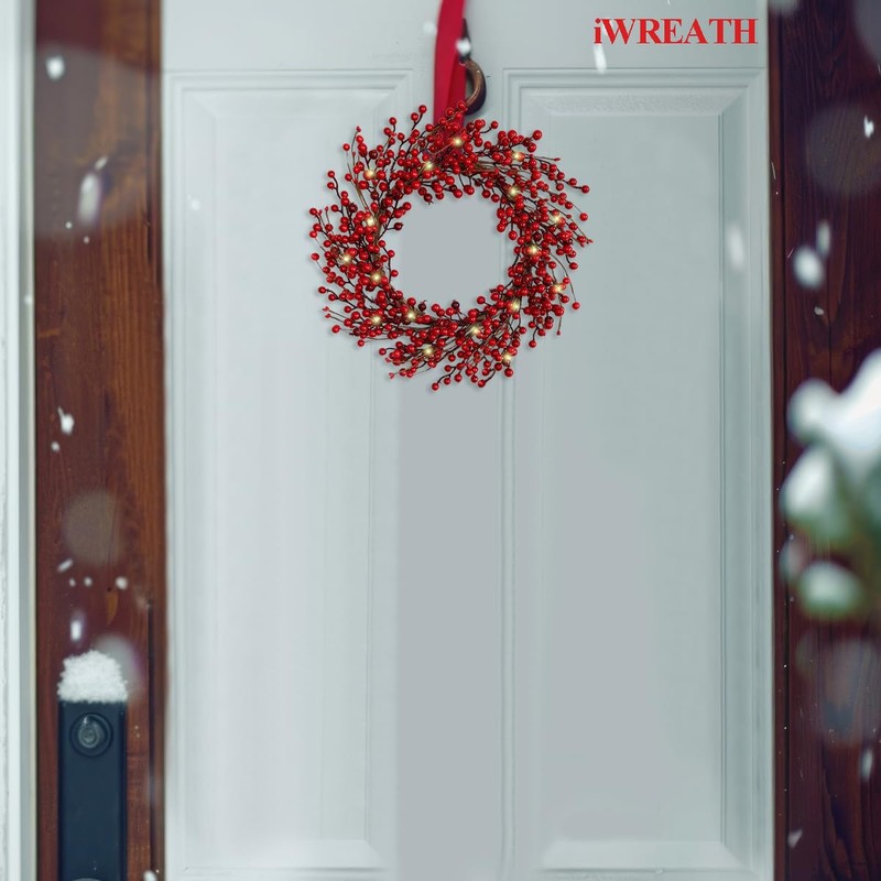 18 Inch Pre-lit Red Holly Berry Christmas Wreath for Front