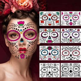Tatuaje Temporal para la Cara, 8 Kits de Tatuajes, Pegatinas de Calaveras de Azúcar, Maquillaje del Día de los Muertos, Tatuaje Facial, Diseño de Rosa para Disfraces Y Fiestas de Halloween