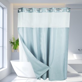 No Hooks Waffle Weave Shower Curtains, Polyester Cloth Shower Curtain for Bathrooom, Waterproof & Washable with Replacement Liner 71 x 71 inches Misty Blue