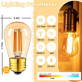 Grensk E26 LED Amber Warm Light Bulbs, S14 4.8W Edison Low Watt Vintage Light Bulbs Equivalent to 40W 60W Incandescent, 2700K Warm White Filament Retro Bulbs,Non-Dimmable,110V,6pcs