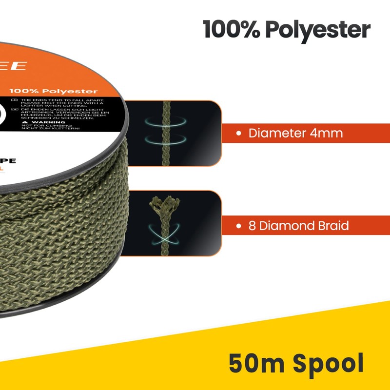 Brotree Polyester Rope 4mm x 50m Army Green - Diamond