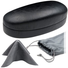 Black Hard sunglasses cases - Glasses Holder Clam Shell - Large eyeglass cases with pouch and cloth distressed Black (AS113 Black and Pouch)