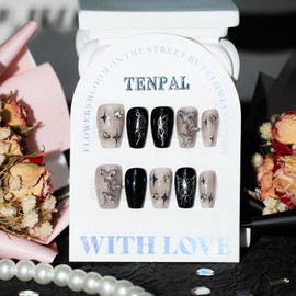 TENPAL Black Nails Handmade Press on Nails Medium Y2k Sweet Cool Fake Nails With Butterfly Stars Designs Acrylic False Nails Hot Girl Glossy False Nails With Soft Gel Nails Press ons For Women(M)