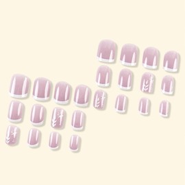 White French Press on Nails Short Square Fake Nails Leaves Glue on Nails Light Purple Acrylic Nails Simpe False Glossy Glitter Artificial Summer Nails for Women 24 Pcs