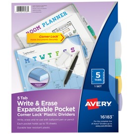 Avery 16183 Separador Borrable Writeon, Plástico Durable con Bolsas Expandibles, Tamaño Carta 5 Pestañas, 1 Set, Multicolor